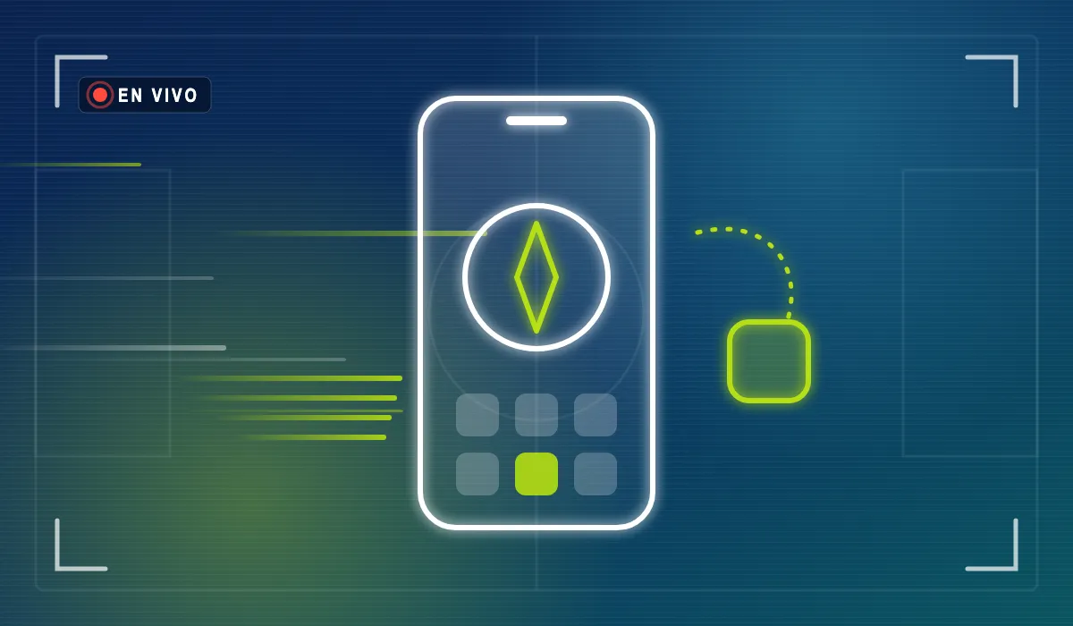 Ilustración lineal de un celular con una brújula y un ícono en la pantalla de inicio
